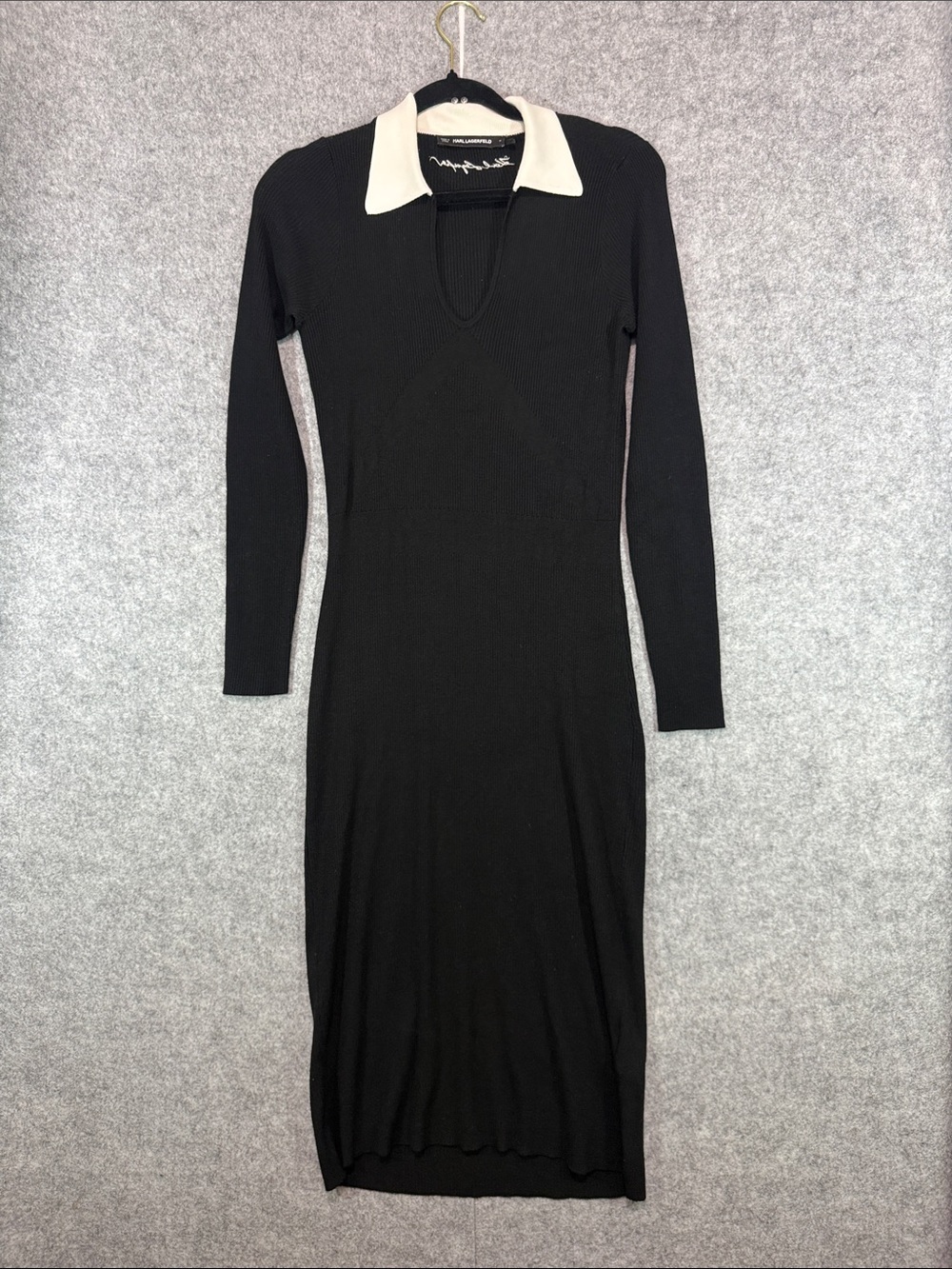 Karl Lagerfeld  Long-Sleeve Bodycon Dress - Womens M - Black Knit White Collar